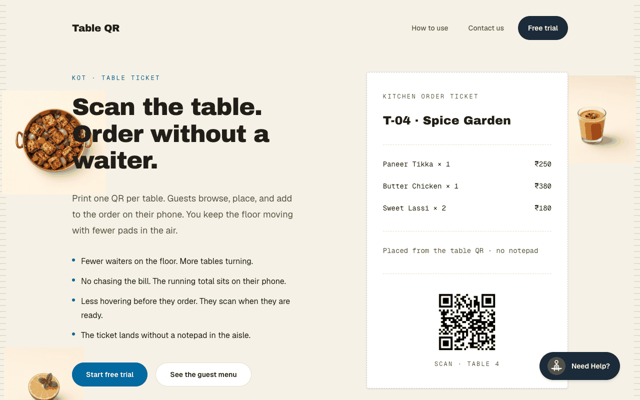 Walkthrough from the landing page through restaurant setup, table QRs, a guest order, and Place order confirmation.